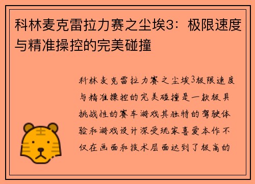 科林麦克雷拉力赛之尘埃3：极限速度与精准操控的完美碰撞